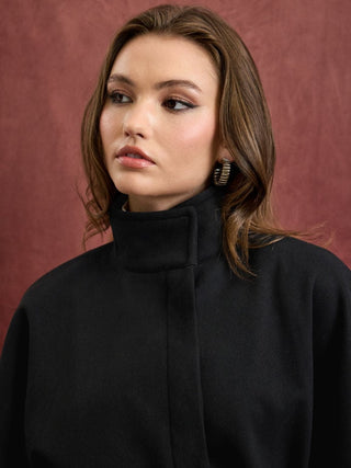 Wool-look Stand Collar Cloak Sleeve Oversized Jacket With Belt