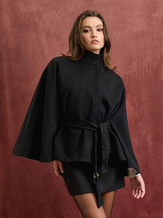 Wool-look Stand Collar Cloak Sleeve Oversized Jacket With Belt