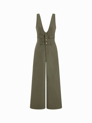 Denim V-neck Button Pocket Wide Leg Jumpsuit
