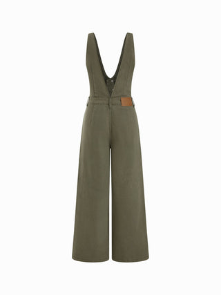 Denim V-neck Button Pocket Wide Leg Jumpsuit