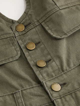 Denim V-neck Button Pocket Wide Leg Jumpsuit