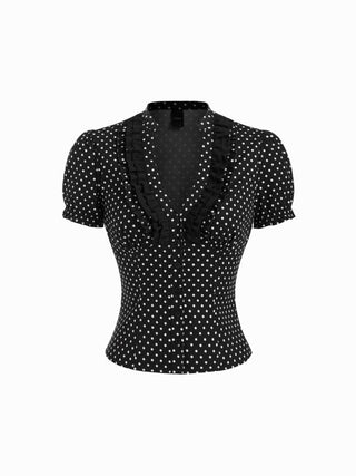 Cotton-blend V-neck Lettuce Trim Short Sleeve Blouse