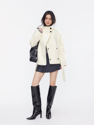 Wool-look Stand Collar Long Sleeve Jacket With Belt