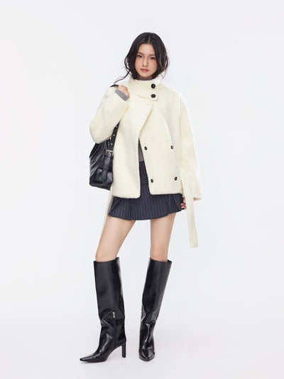 Wool-look Stand Collar Long Sleeve Jacket With Belt