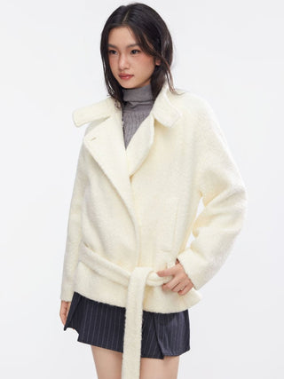Wool-look Stand Collar Long Sleeve Jacket With Belt