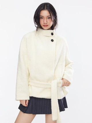 Wool-look Stand Collar Long Sleeve Jacket With Belt
