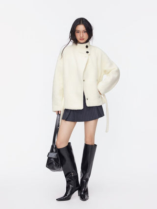 Wool-look Stand Collar Long Sleeve Jacket With Belt