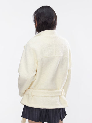 Wool-look Stand Collar Long Sleeve Jacket With Belt