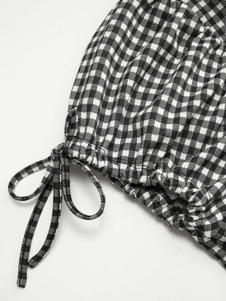 Knit Fabric Square Neck Puff Sleeve Plaid Drawstring Blouse  For Daily Casual Date