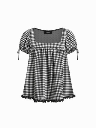 Knit Fabric Square Neck Puff Sleeve Plaid Drawstring Blouse  For Daily Casual Date