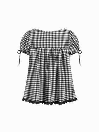 Knit Fabric Square Neck Puff Sleeve Plaid Drawstring Blouse  For Daily Casual Date