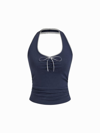 Cotton-blend Halter Neck Ruched Front Cami Top