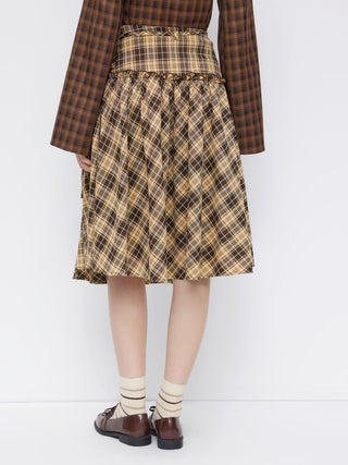 Mid Rise Tartan Lettuce Trim Knotted Midi Skirt