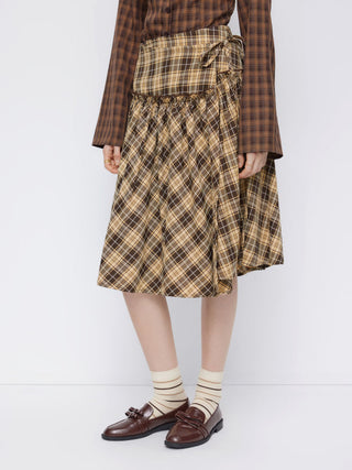 Mid Rise Tartan Lettuce Trim Knotted Midi Skirt