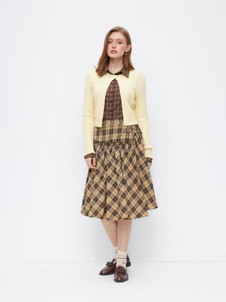 Mid Rise Tartan Lettuce Trim Knotted Midi Skirt