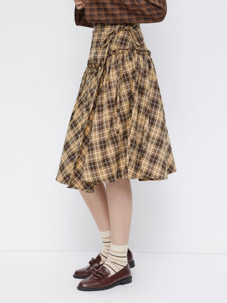 Mid Rise Tartan Lettuce Trim Knotted Midi Skirt