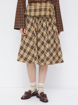 Mid Rise Tartan Lettuce Trim Knotted Midi Skirt