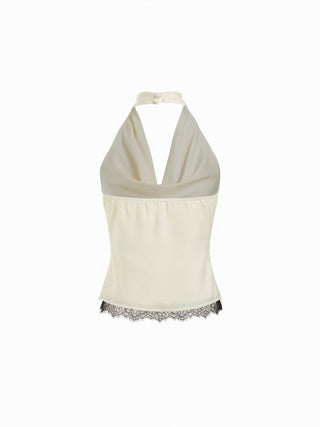 Satin Halter Neck Lace Trim Ruched Top