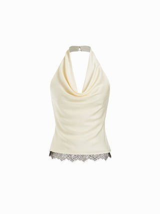 Satin Halter Neck Lace Trim Ruched Top