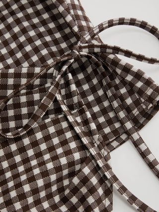 Gingham Stand Collar Asymmetrical Hem Ruched Knotted Top