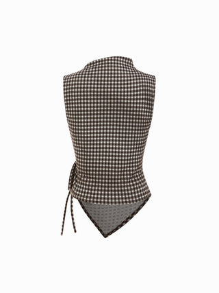 Gingham Stand Collar Asymmetrical Hem Ruched Knotted Top