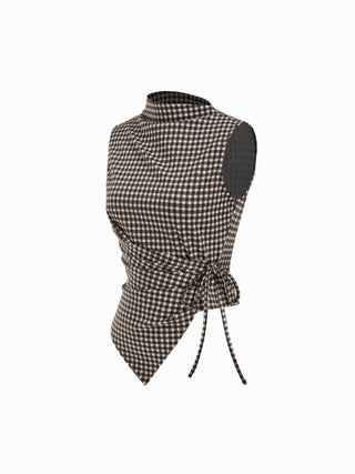 Gingham Stand Collar Asymmetrical Hem Ruched Knotted Top