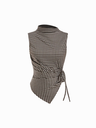 Gingham Stand Collar Asymmetrical Hem Ruched Knotted Top