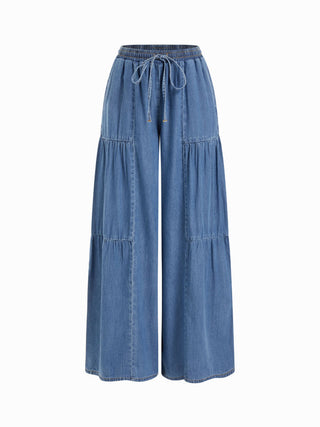 Denim Mid Rise Drawstring Ruched Wide Leg Jeans