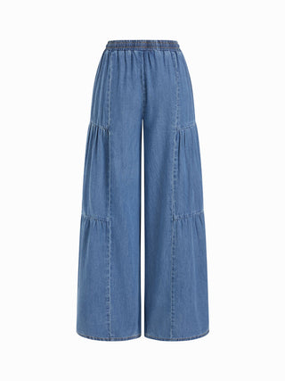 Denim Mid Rise Drawstring Ruched Wide Leg Jeans