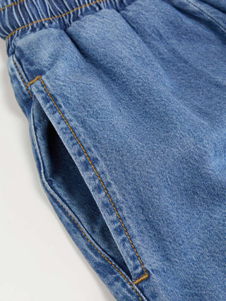 Denim Mid Rise Drawstring Ruched Wide Leg Jeans