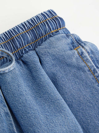 Denim Mid Rise Drawstring Ruched Wide Leg Jeans