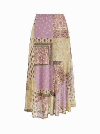 Mesh Mid Rise Abstract Graphic Floral Asymmetrical Hem Maxi Skirt