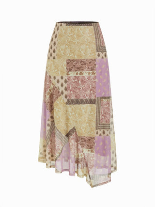 Mesh Mid Rise Abstract Graphic Floral Asymmetrical Hem Maxi Skirt
