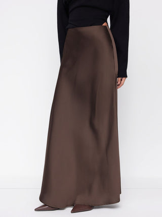 Satin Mid Rise Ruffle Maxi Skirt