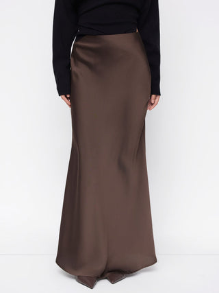 Satin Mid Rise Ruffle Maxi Skirt