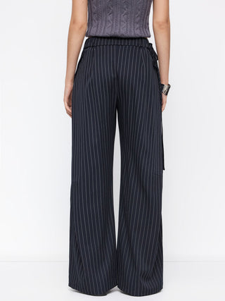 Woven Mid Rise Striped Side Knotted Barrel-leg Trousers For Work