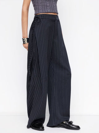Woven Mid Rise Striped Side Knotted Barrel-leg Trousers For Work
