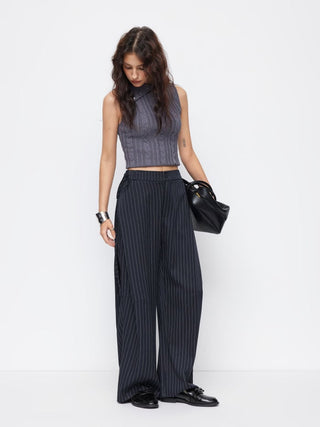 Woven Mid Rise Striped Side Knotted Barrel-leg Trousers For Work