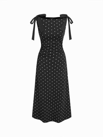 Cotton-blend Boat Neck Polka Dot Bowknot Midi Dress