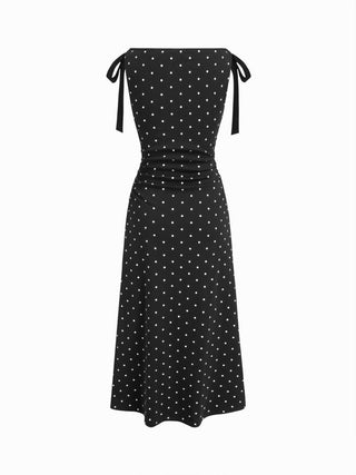 Cotton-blend Boat Neck Polka Dot Bowknot Midi Dress