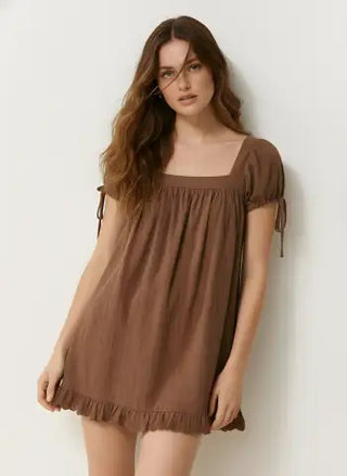 Square Neck Solid Ruffle Knotted Short Sleeve Blouse