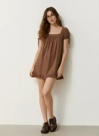 Square Neck Solid Ruffle Knotted Short Sleeve Blouse