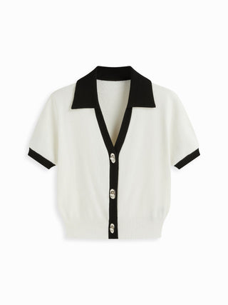 Knit Collar Colorblock Metal Button Short Sleeve Top