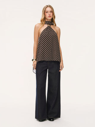 Chiffon Halter Neckline Polka Dot Metallic Decor Backless Top