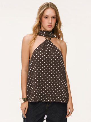 Chiffon Halter Neckline Polka Dot Metallic Decor Backless Top