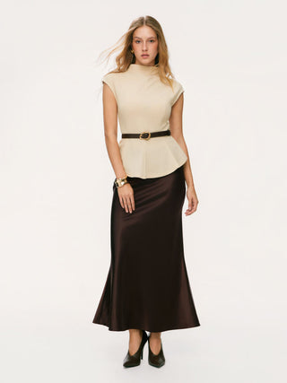 Stand Collar Cinched Waist Top With Belt & Zipper Mermaid Maxi Skirt Set