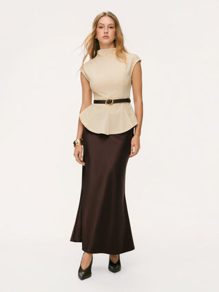 Stand Collar Cinched Waist Top With Belt & Zipper Mermaid Maxi Skirt Set