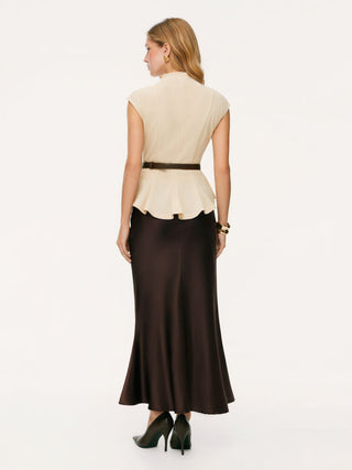 Stand Collar Cinched Waist Top With Belt & Zipper Mermaid Maxi Skirt Set