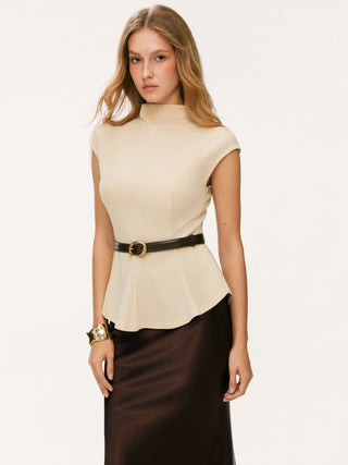 Stand Collar Cinched Waist Top With Belt & Zipper Mermaid Maxi Skirt Set