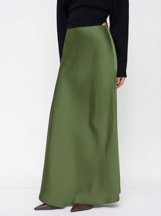 Satin Mid Rise Ruffle Maxi Skirt